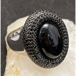 Sterling Silver Y 925 Black Oval‎ Stone Black CZ Pave Halo Ring Size 10 - 17.8g
